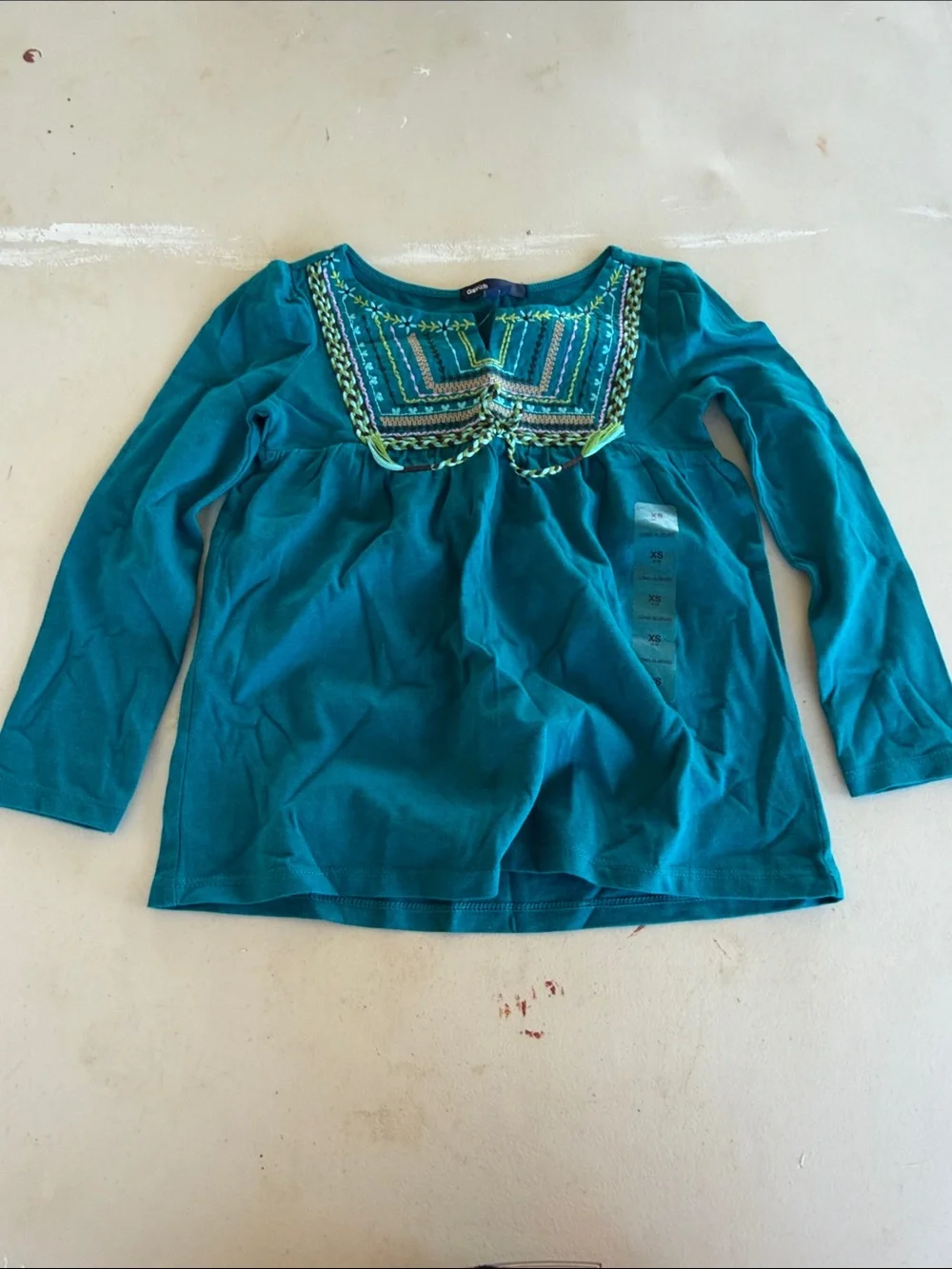 NWT GAPKIDS Teal Long-Sleeve Top with Embroidered Yoke